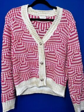 |•FATE•| Cute Pink White & Tan Cardigan Sweater Size Medium
